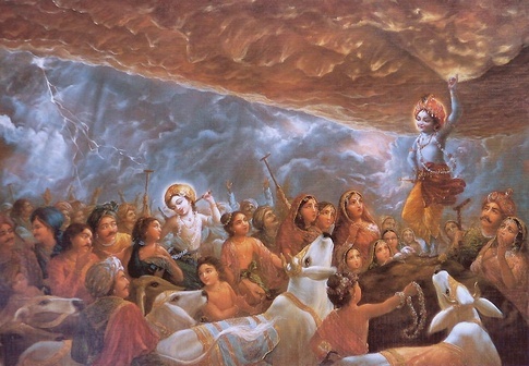 Krishna lifts Govardhan Parvat