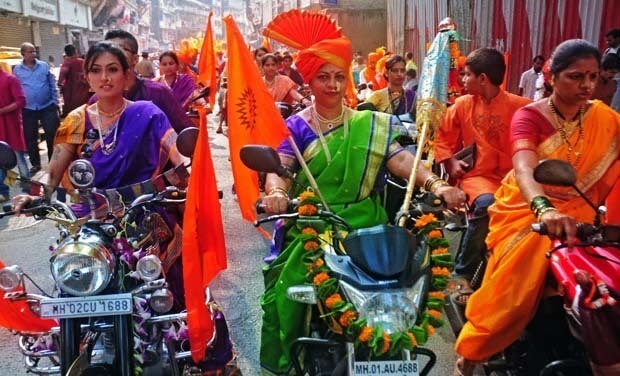 Women bikers in rally dressed up traditional costume rally for Gudi Padva in Maharashtra