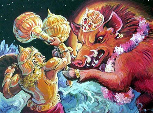 Varaha fighting with Hiranyaksha to rescue Earth | Hindu FAQs