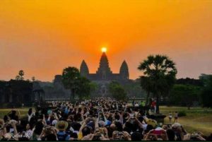 Sun entering the Angkor Wat in Cambodia